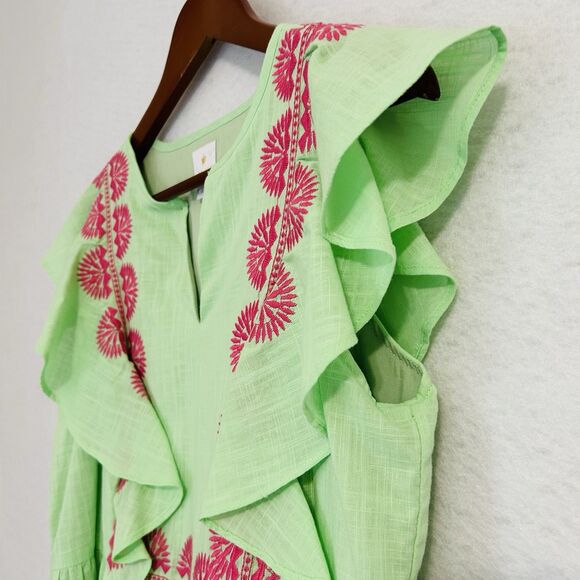 J.Marie Blouse Women S Green Pink Cotton Blend Embroidery Ruffle Boho Resort - Picture 9 of 12